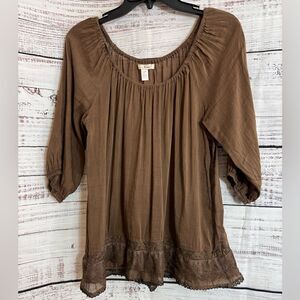 Trinity Top Womens Sz Small Off The shoulder Cotton Silk Brown Boho Embroidered
